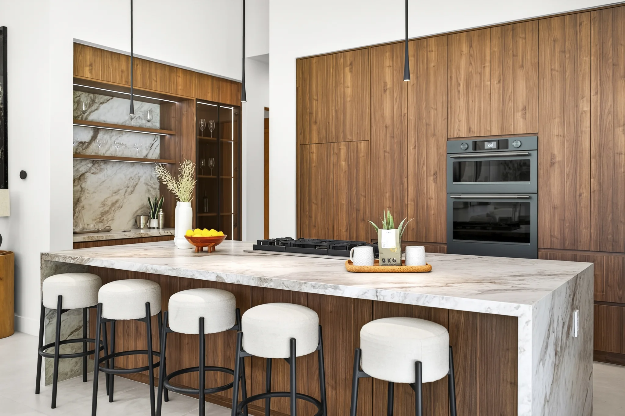 Alameda: timber kitchen and stone island with bar seating