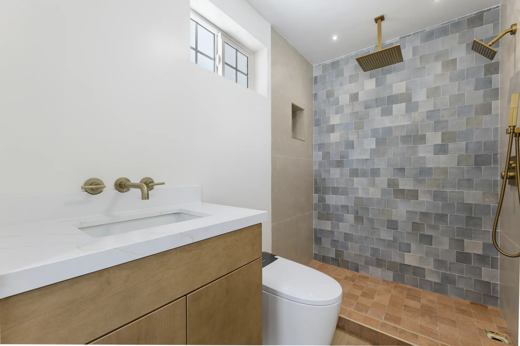 Sherbourne: bathroom with a timber vanity and tiled shower