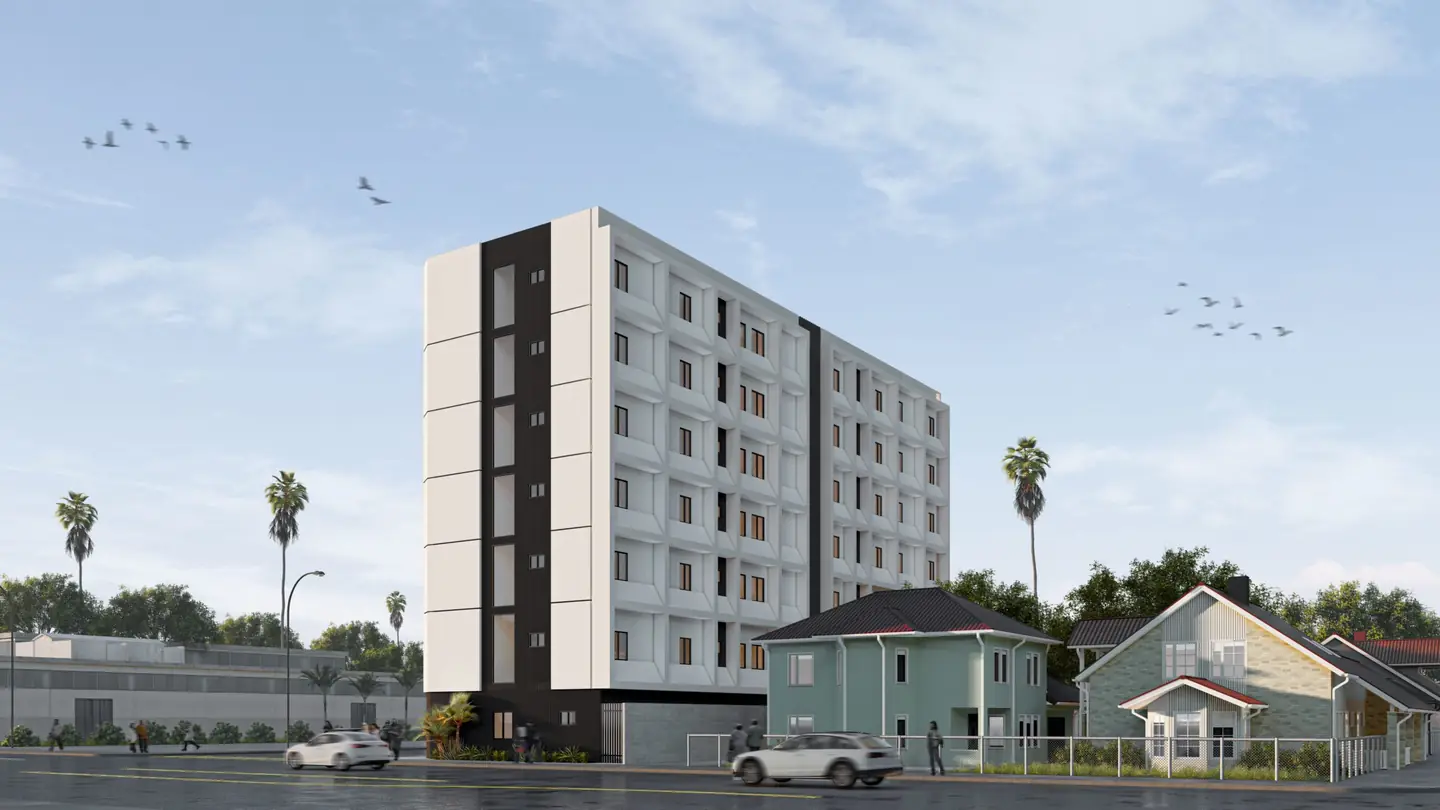 Cresta: street corner rendering of multifamily building