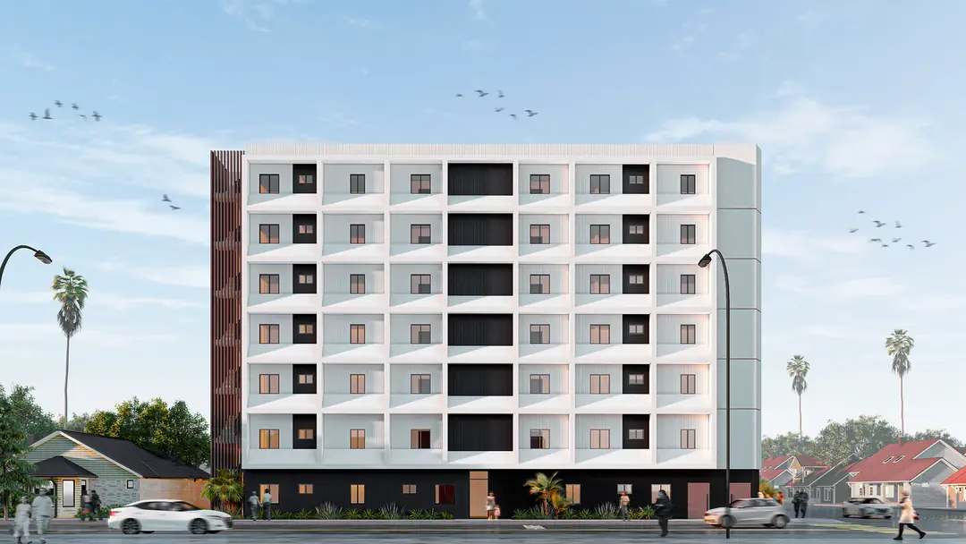 Cresta: front elevation rendering across the street