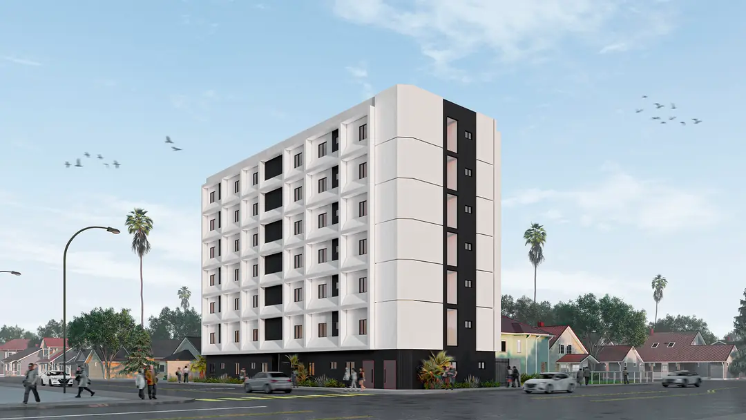 Cresta: street perspective rendering of multifamily building
