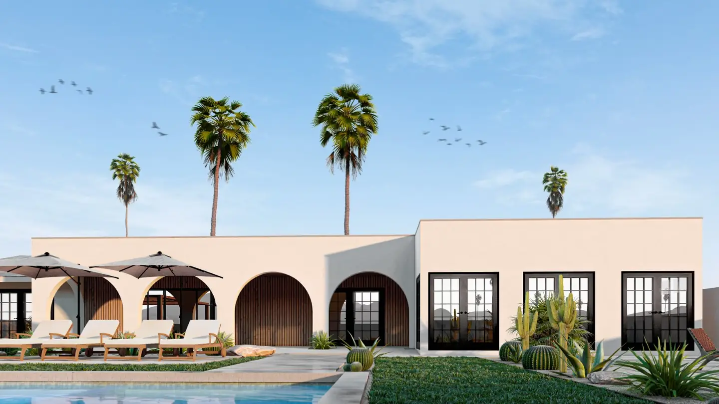 Vista Grande: exterior visualization of arched terrace and pool