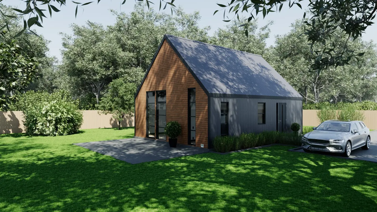 Rendering of a compact gabled home with timber cladding, a dark metal roof and a landscaped garden.
