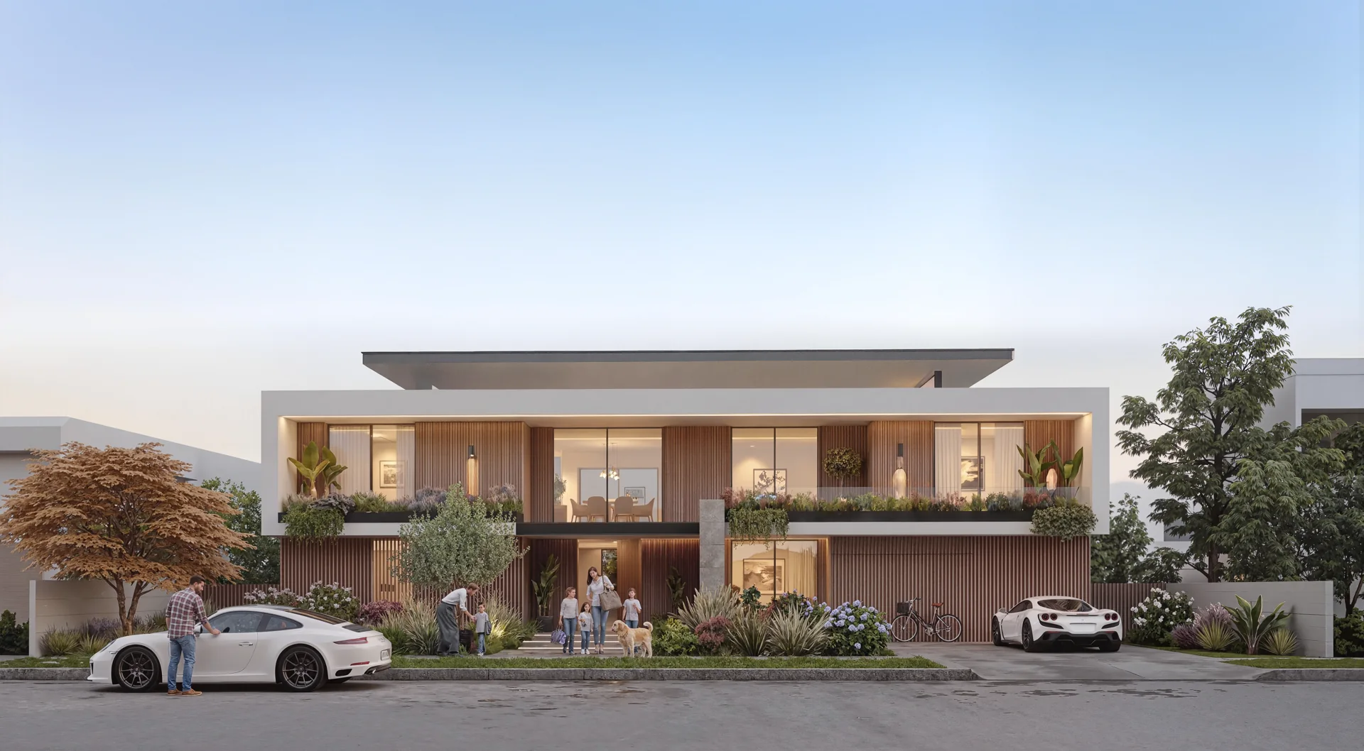 Bristol front elevation rendering with timber screens, two cars and a family at the entrance