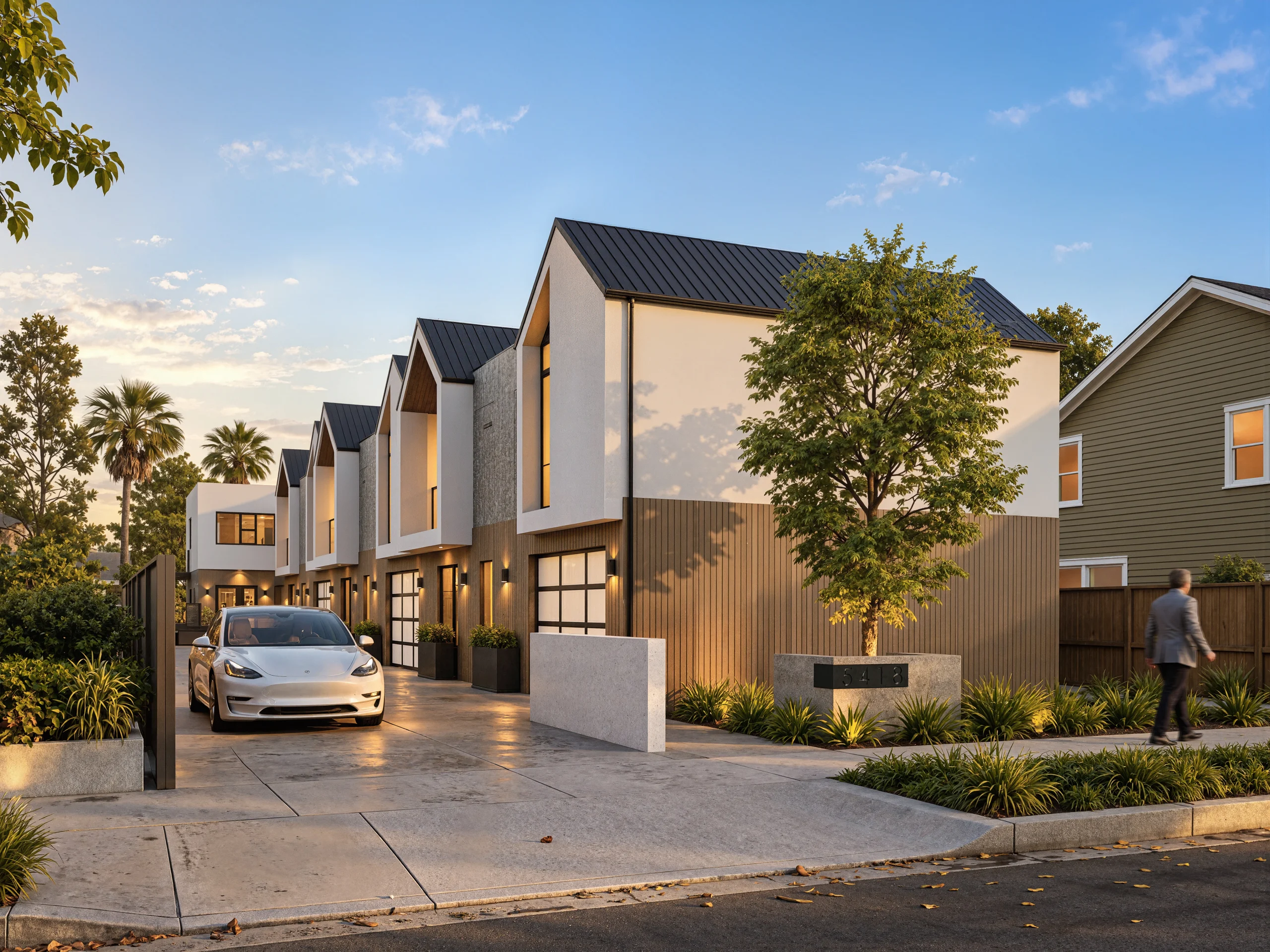 Almond angled driveway rendering with gabled homes and a white car at the entrance