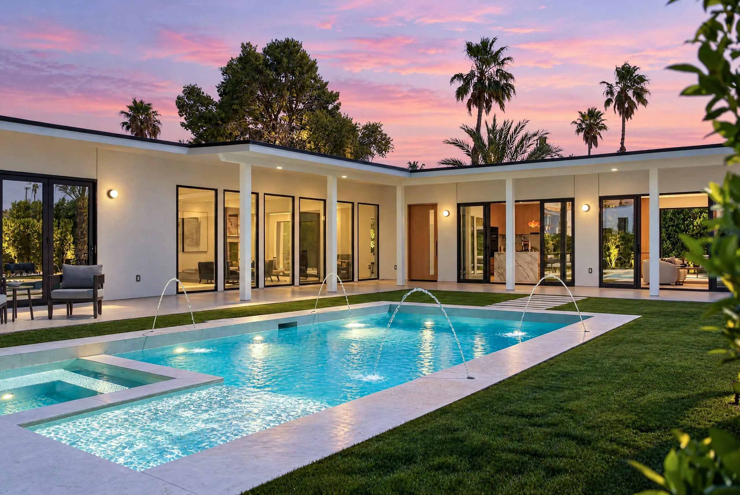 Amado: pool courtyard and illuminated rooms at sunset