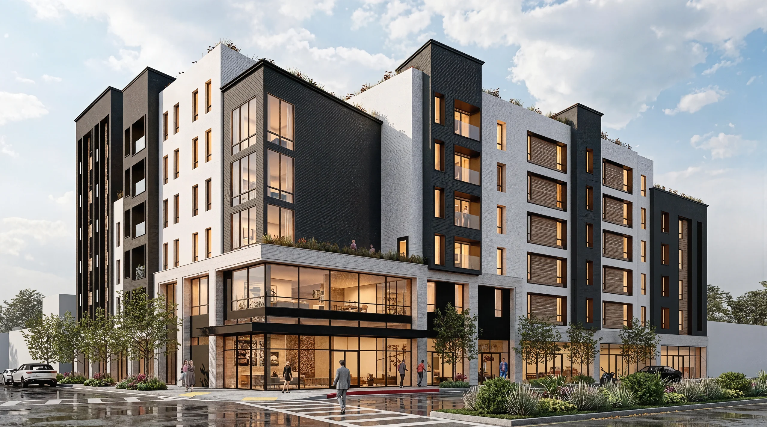 Bayline enhanced exterior rendering with light and dark facades, warm windows and a wet street