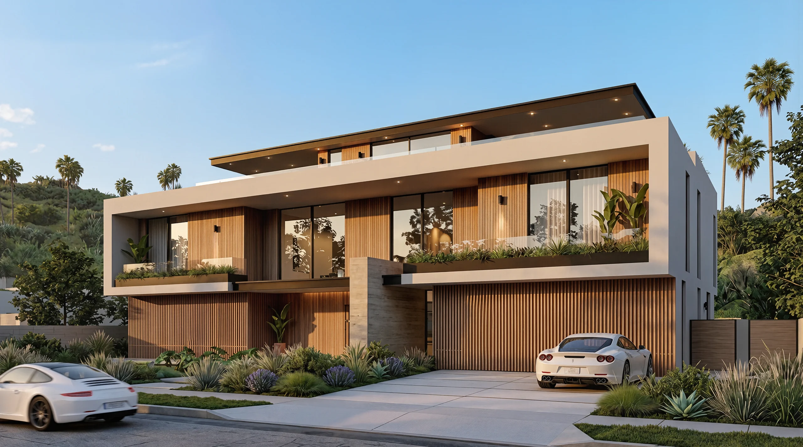 Bristol angled front elevation rendering with timber screens, landscaped planting and two white cars