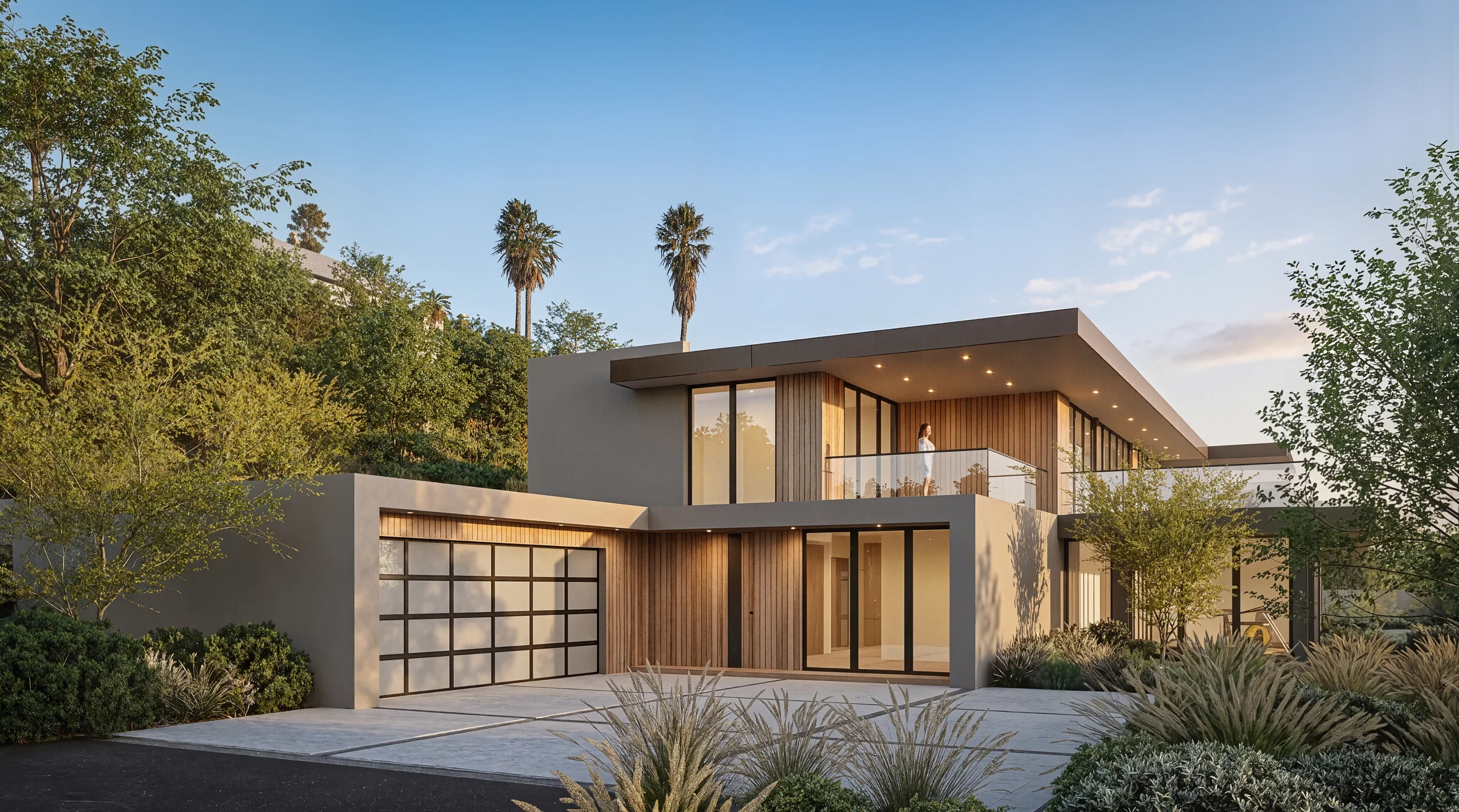 Solara corner elevation rendering with a glazed garage, timber cladding and a sheltered entrance